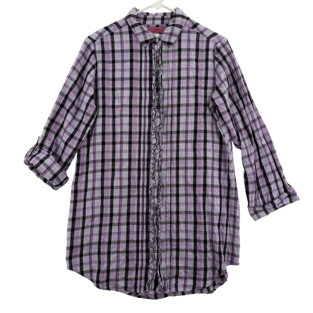Betsey Johnson Intimates Shirt Womens Medium Purple‎ Plaid Ruffle 3/4 Sleeve